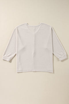 White Waffle Knit Side Slits Loose Fit V Neck Top