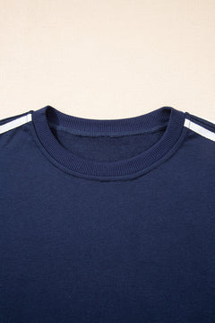 Dirty blue Varsity Striped Detail Crewneck Pullover Elastic Sweatpants 2pcs Outfit