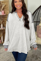 Gray Exposed Seam Ribbed Patchwork V Neck Sweatshirt