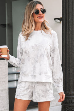 Beige Maple Camo Print Pullover Top and Elastic Waist Casual Short Set