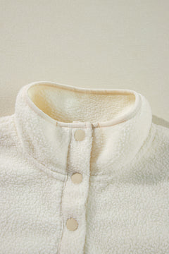 White Fleece Placket Turn-down Collar Drop Shoulder Sweatshirt