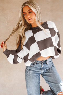 Dark Brown Checkered Bishop Sleeve Sweater