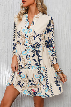 White Printed Tribal Bracelet Sleeve Buttoned Mini Dress