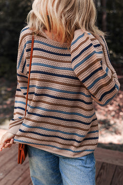 Multicolour Striped Knitted Drop Shoulder Round Neck Sweater
