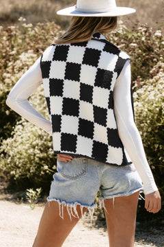 Black Checkered Sherpa Collared Jacket Vest
