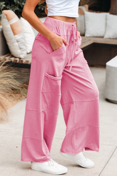 Bonbon Mineral Wash Exposed Seam Drawstring Elastic Waistband Wide Leg Cargo Pants