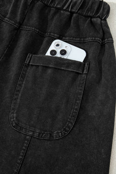 Black Mineral Wash Exposed Seam Drawstring Elastic Waistband Wide Leg Cargo Pants