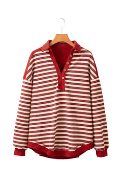 Red Stripe Buttoned V Neck Collared Drop Shoulder Top