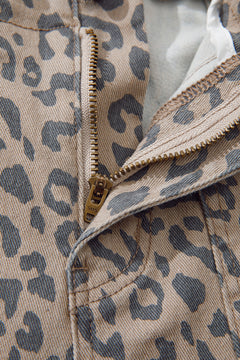 Khaki Leopard Printed Drawstring Elastic Waistband Pocketed Wide Leg Jeans