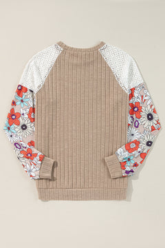 Parchment Floral Patchwork Long Sleeve Ribbed Blouse