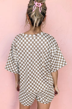 Brown Checkered Top and Short Casual 2pcs Set