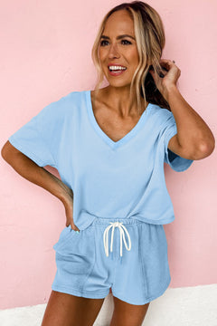 Myosotis V Neck Drop Shoulder Tee and Patchwork Drawstring Elastic Waistband Shorts Set