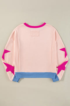 Light Pink Star Patchwork Exposed Seam Oversized Sweatshirt