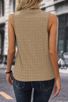 Light French Beige Lattice Textured Split Neck Tank Top