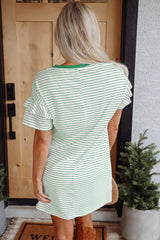 Green Stripe Ruffled Short Sleeve Crew Neck T Shirt Shift Mini Dress