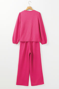 Rose Red Textured Puff Sleeve Top and Pants Set