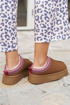 Chestnut Contrast Print Suede Plush Lined Snow Boots