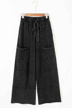 Black Mineral Wash Exposed Seam Drawstring Elastic Waistband Wide Leg Cargo Pants