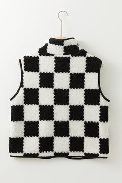 Black Checkered Sherpa Collared Jacket Vest