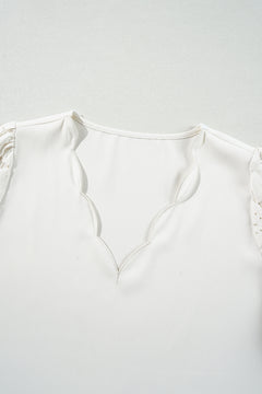 White Scalloped V Neckline Lace Hollowed Lantern Sleeve Blouse