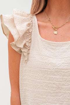 Beige Textured Bow Knot Frilled Butterfly Sleeve Blouse