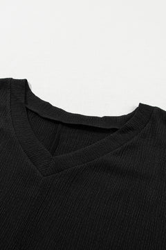 Black Crinkled V Neck Wide Sleeve T-shirt