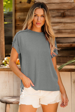 Medium Grey Textured Knit Exposed Stitching T-shirt