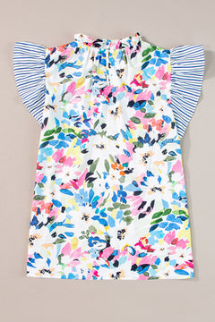 Light Blue Floral Print Striped Ruffled Sleeve Blouse