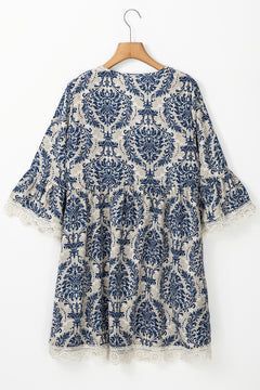 Sky Blue Vintage Printed Lace Trim V Neck 3/4 Sleeve Loose Dress