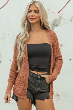 Redwood Burl Mix Pattern Hollowed Knit Open Front Cardigan