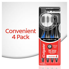 Colgate Gum Health Charcoal Toothbrush with Ultra Soft Floss Tip Bristles, Extra Soft for Sensitive Gums and Teeth, 4 Pack