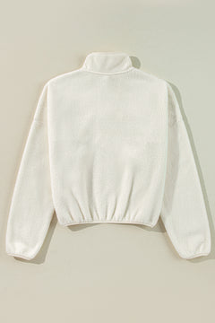 White Fleece Placket Turn-down Collar Drop Shoulder Sweatshirt