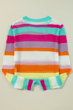 Rose Red Colorblock Patchwork Knit Crochet Eyelet Sweater