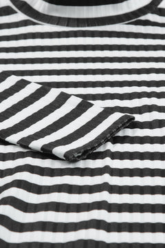 Black Striped Print Textured Knit Long Sleeve Tee