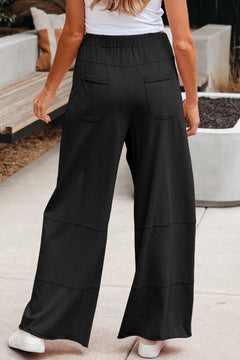 Black Mineral Wash Exposed Seam Drawstring Elastic Waistband Wide Leg Cargo Pants