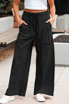 Black Mineral Wash Exposed Seam Drawstring Elastic Waistband Wide Leg Cargo Pants