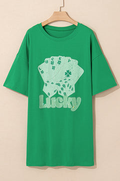 Bright Green Rhinestone Lucky Poker Cards Oversized T Shirt Mini Dress