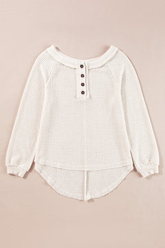 Oatmeal Waffle Knit Buttoned Front Raglan Sleeve Loose Blouse