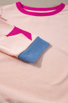 Light Pink Star Patchwork Exposed Seam Oversized Sweatshirt