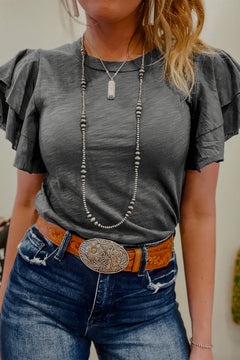 Dark Grey Layered Ruffle Short Sleeve Round Neck Top