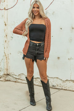 Redwood Burl Mix Pattern Hollowed Knit Open Front Cardigan