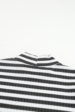 Black Striped Print Textured Knit Long Sleeve Tee