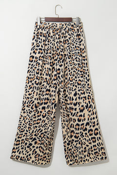 Parchment Leopard Drawstring Elastic Waistband Flowy Wide Leg Pants