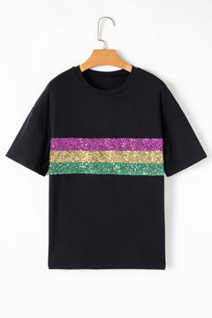 Black Sequin Stripes Patchwork Mardi Gras Crew Neck T Shirt