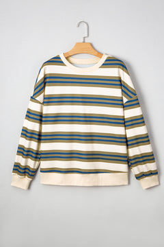 Khaki Stripe Crew Neck Drop Shoulder Pullover Sweatshirt