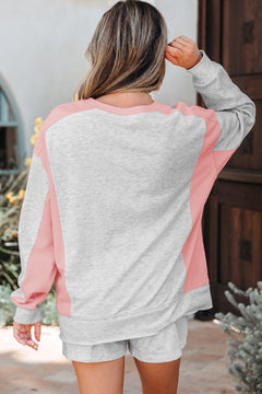 Light Grey Color Block Raw Hem Pullover and Casual Shorts Set