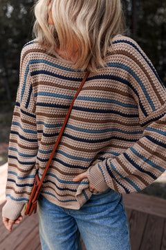 Multicolour Striped Knitted Drop Shoulder Round Neck Sweater
