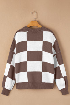 Dark Brown Checkered Bishop Sleeve Sweater