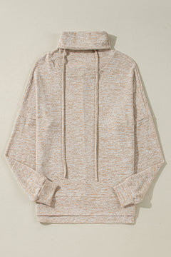 Apricot Drawstring Cowl High Neck Long Sleeve Split Top