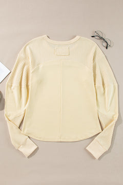 Beige Thermal Knit Patchwork Exposed Seam Long Sleeve Top